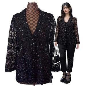 Black Sheer Lace Rhinestone Blazer Jacket Size XL Dark Feminine Fairy Goth Glam